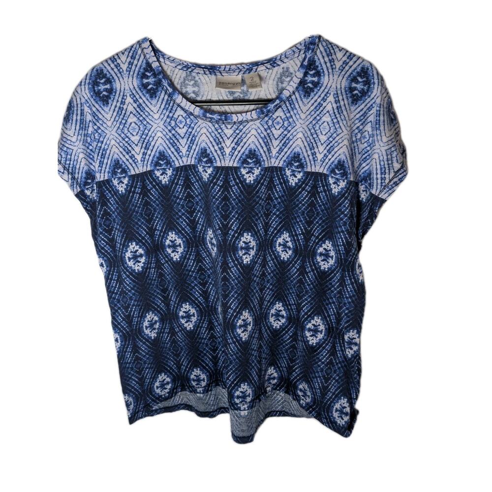 Chico's Shirt Blouse Ikat Print Top Blouse Size Large 2 Blue Boho Geometric Tee